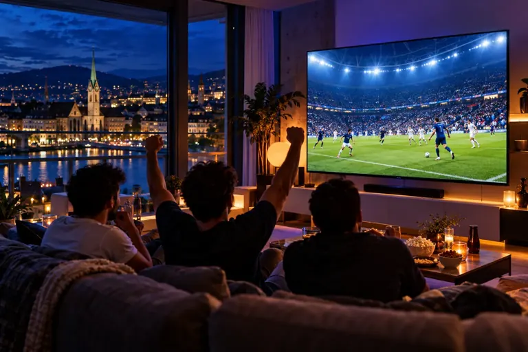 Grand téléviseur dans un salon suisse diffusant un match de football en soirée dans un stade comble, devant les silhouettes d'amis sur le canapé