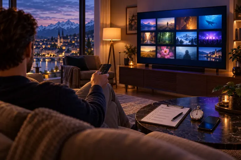 Person mit Fernbedienung vor einem Fernseher, daneben eine ausgedruckte Checkliste mit Häkchen
