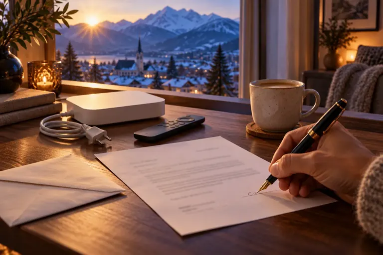 Lettre de résiliation posée sur une table à côté d'une télécommande et d'une box TV