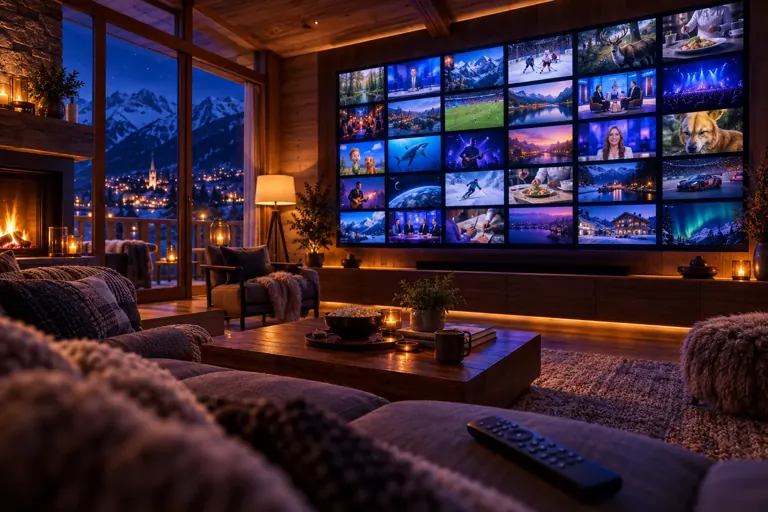 Wand aus rund 30 Bildschirmen mit verschiedenen TV-Programmen in einem Chalet-Wohnzimmer, davor ein Sofa, draussen verschneite Berge