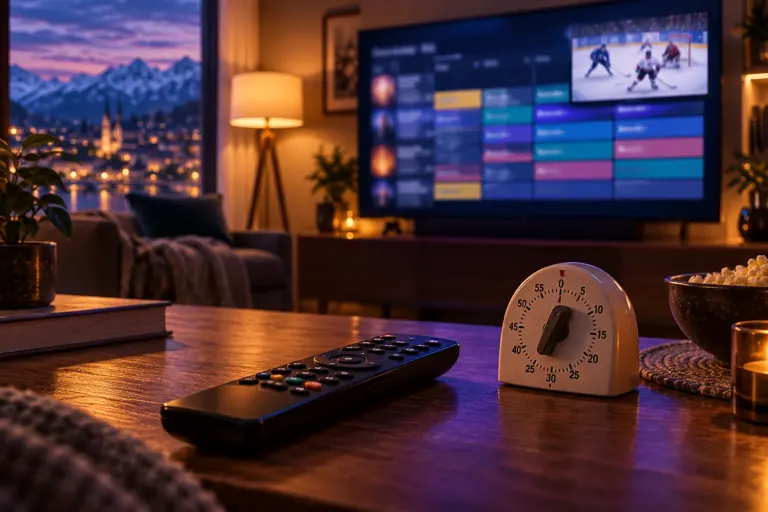 Télécommande au premier plan devant un téléviseur affichant un guide des programmes et un match de hockey en incrustation
