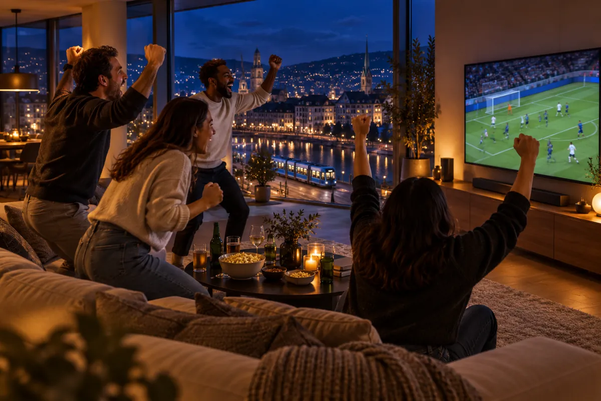 Amis qui célèbrent un but devant un match de football à la TV dans un appartement à Zurich